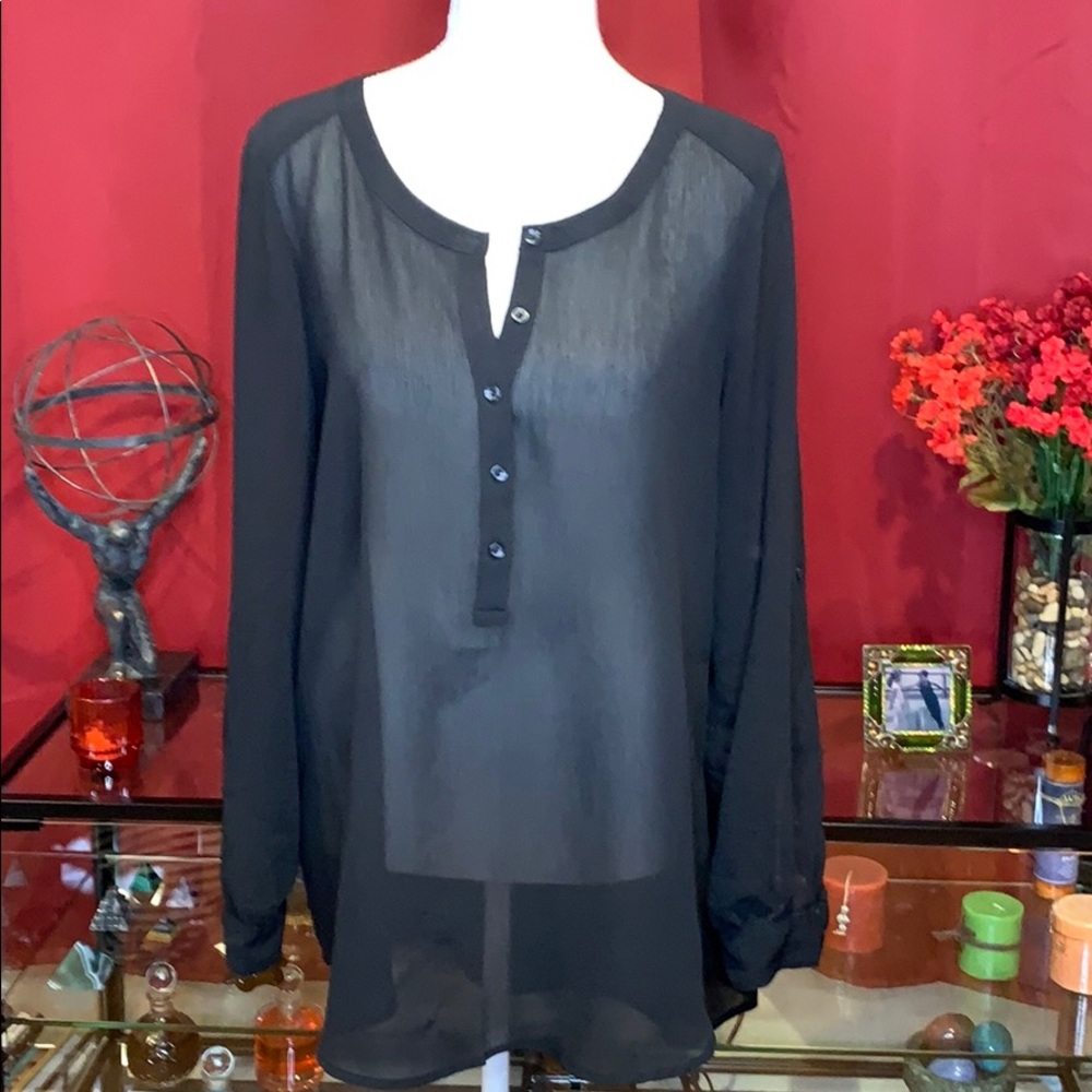 Candies Sheer Black Hi-Lo Tunic Half Button Front